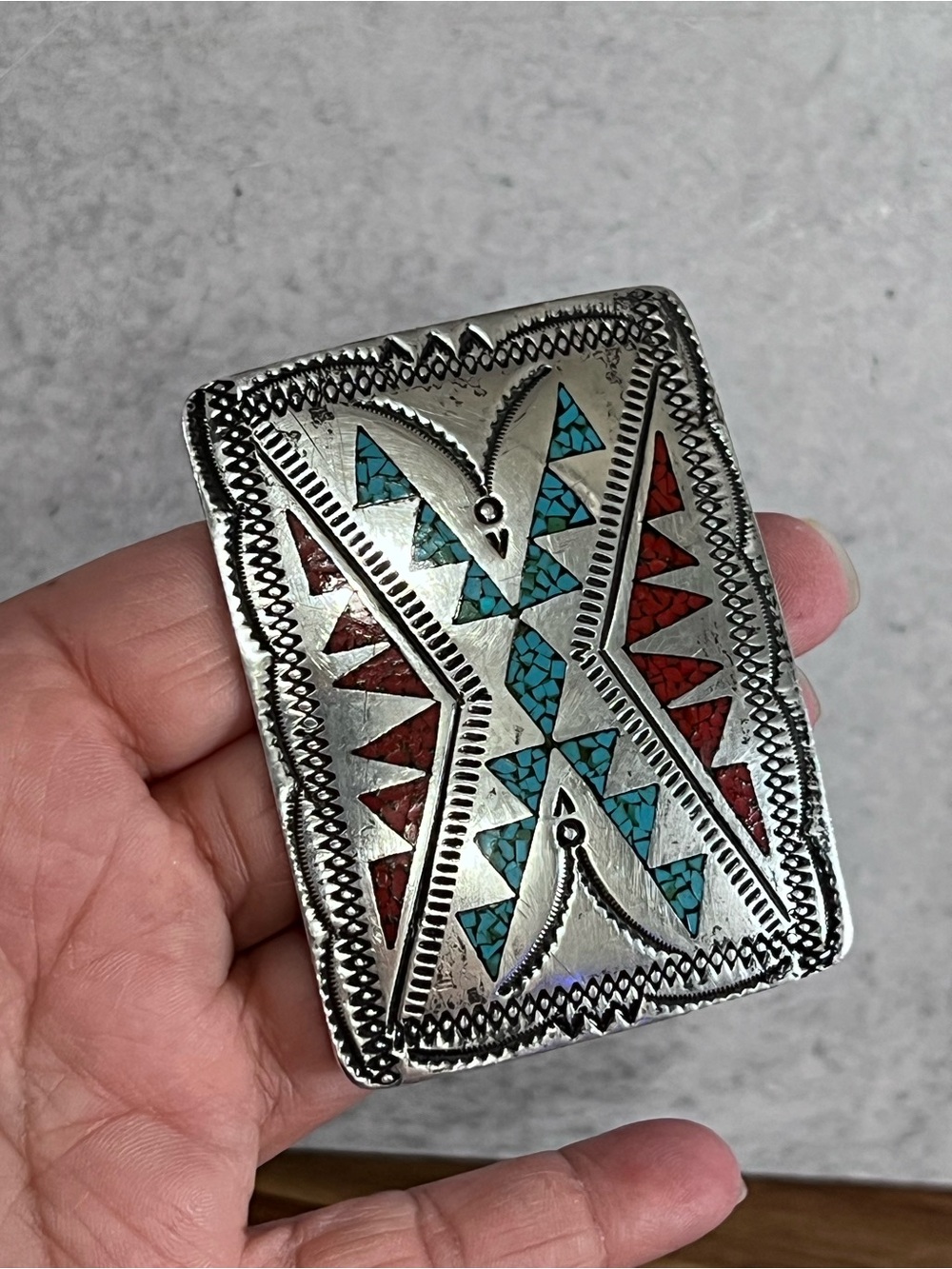 Southwestern Turquoise & Coral Inlay Silver Belt Buckle